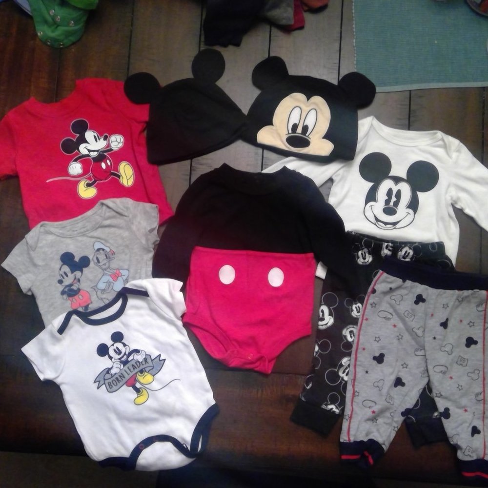 Disney Mickey Mouse 9 piece lot Baby Onesies hats